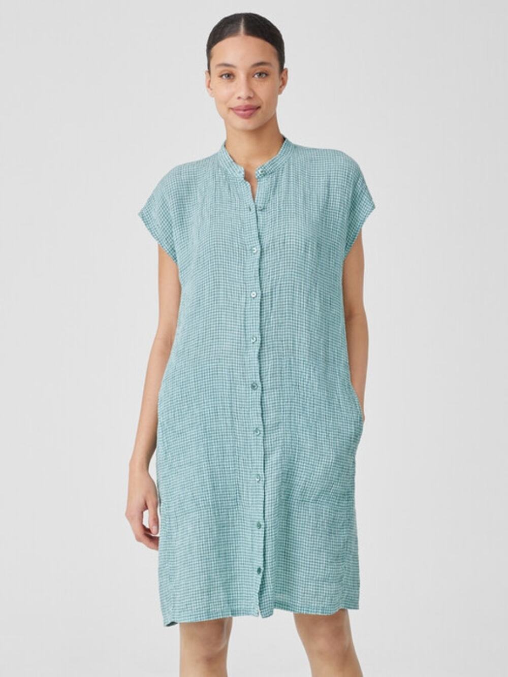 Eileen Fisher Organic Linen Dress Mandarin Collar Cap Sleeve Shirtdress Womens S